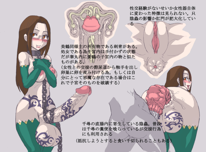 anus bent_over blush censored chains chihiro_fushimi damu_otoko drool fushimi_chihiro futanari glasses huge_penis huge_testicles looking_back megami_tensei monster_girl nude penis persona persona_3 prolapse pussy saliva sweat tattoos testicles translation_request urethral_insertion what