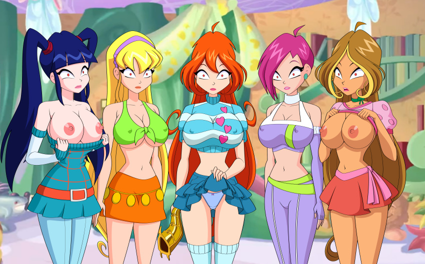 5girls big_breasts bloom breasts clothed exposed_breasts exposing_breasts flora hypnotized jimryu jimryu_(artist) mind_control multiple_girls musa nipples no_bra panties skirt skirt_lift standing stella tecna winx_club