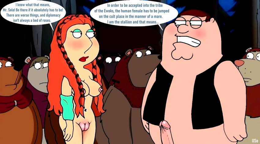 blushing breasts dialogue erection ewok family_guy han_solo han_solo_(cosplay) lois_griffin nude_female nude_male parody peter_griffin princess_leia_organa_(cosplay) puffy_pussy red_anus star_wars uso_(artist)