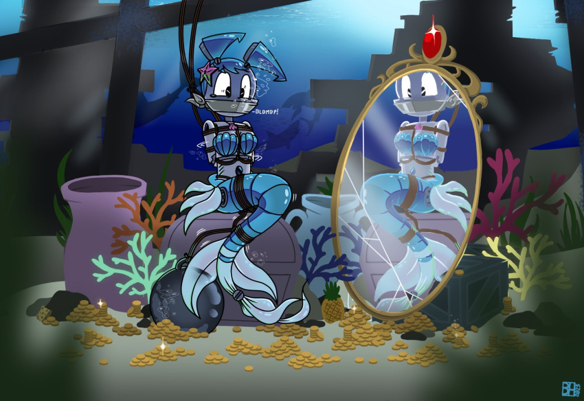 1girl android android_girl arms_behind_back arms_bound arms_bound_behind_back arms_tied_behind_back blue_hair bondage borrowinghydra bound bound_arms breasts broken_glass broken_mirror cleave_gag coin cracked_glass detailed_background female gag gagged gold_(metal) jenny_wakeman jpeg merfolk mermaid mermaid_girl mermaid_tail mermay mirror mirror_reflection my_life_as_a_teenage_robot nickelodeon pineapple restrained restrained_arms restrained_legs restraints robot robot_girl sitting sitting_on_rock solo tied tied_arms tied_up underwater xj-9