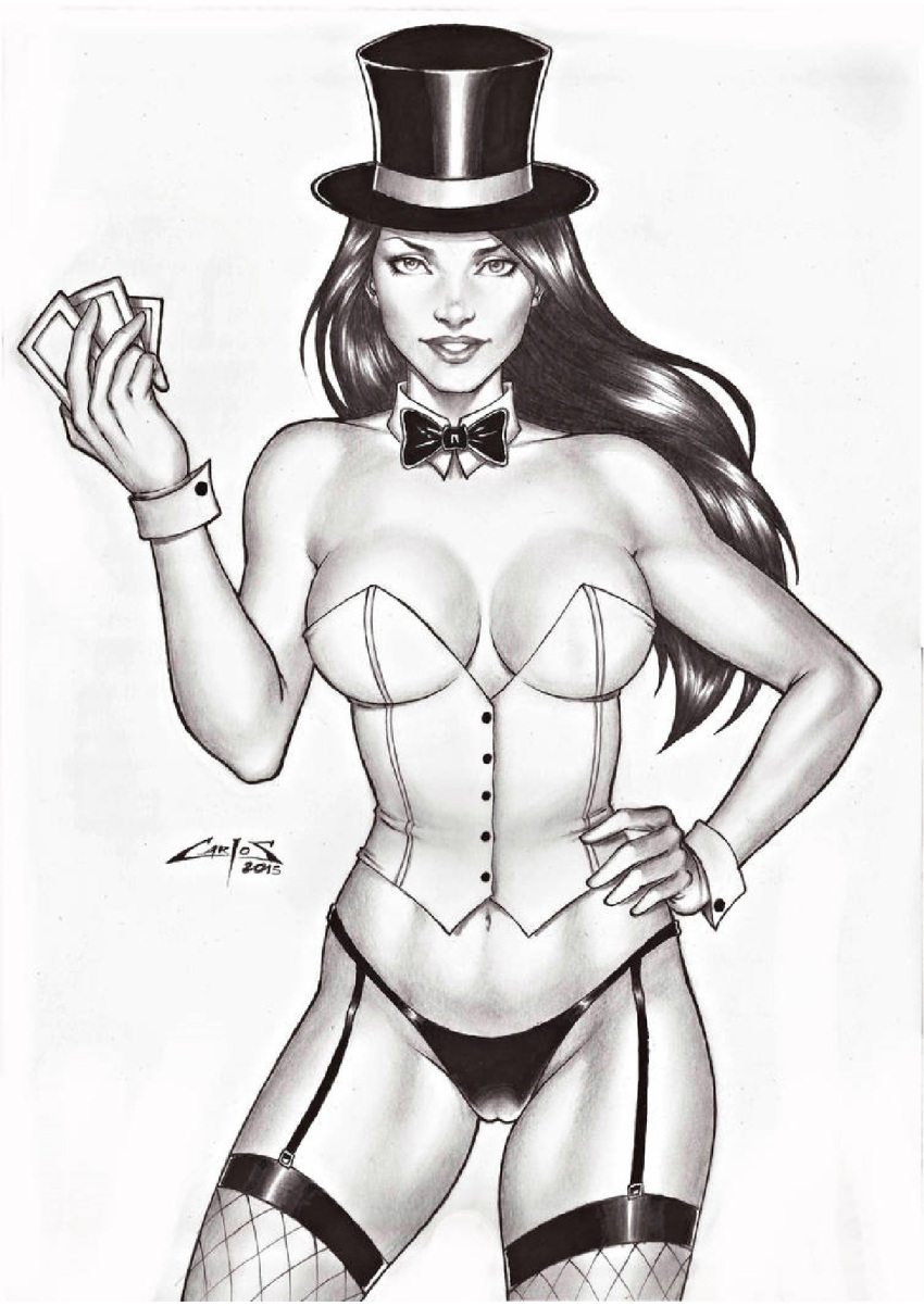 1girl bare_shoulders black_bow black_bowtie black_hair black_hat black_headwear black_panties black_underwear bow bowtie breasts breasts_apart card carlos_braga collarbone corset dc_comics dcau detached_collar female_only female_solo fishnet_legwear fishnet_stockings fishnet_thighhighs fishnets garter_belt garter_straps greyscale grin hand_on_hip hand_up hat headwear heroine holding holding_card holding_object justice_league justice_league_unlimited legs legwear lips lipstick long_hair looking_at_viewer magician makeup medium_breasts midriff monochrome naughty_face navel neck panties parted_lips revealing_clothes smile standing stockings straight_hair strapless superheroine thighs top_hat underwear wrist_cuffs zatanna zatanna_zatara