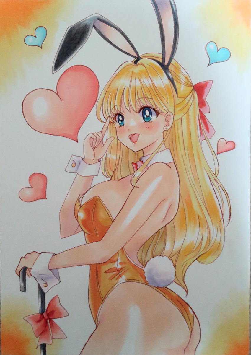 1girl absurd_res alluring animal_ears ass big_breasts bishoujo_senshi_sailor_moon blonde_hair blue_eyes blush bow breasts colored_pencil_(medium) detached_collar fake_animal_ears hair_bow heart high_res leotard looking_at_viewer minako_aino minorinoo_ekaki_tadaima_fuoroba_100 open_mouth playboy_bunny rabbit_ears rabbit_tail smile tail thong_leotard traditional_media wrist_cuffs