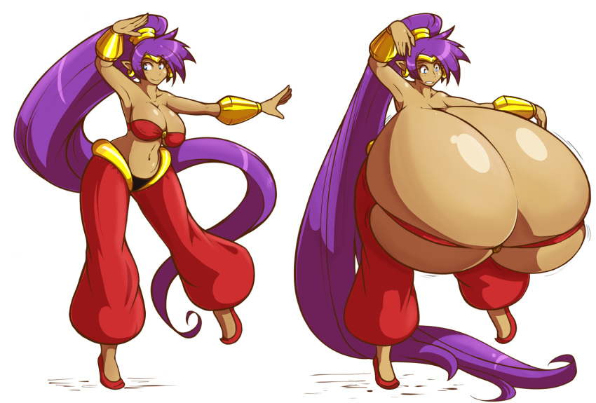 big_breasts blue_eyes breast_expansion breasts capcom dark_skin eikasianspire genie gigantic_breasts purple_hair shantae shantae_(character) solo