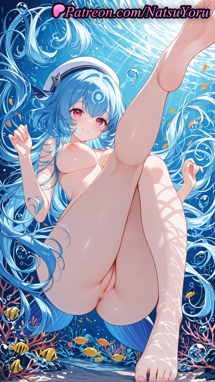 1girl 2025 ai_generated air_bubble anus ass bangs bao_(vtuber) barefoot beret big_breasts blue_hair breasts bubble caustics cleft_of_venus closed_mouth clownfish completely_nude coral feet female fish hat high_res kneepits legs legs_up long_hair looking_at_viewer natsuyoru nipples nude pale_skin patreon pussy smile soles solo thighs toes tropical_fish uncensored underwater very_long_hair virtual_youtuber voluptuous voluptuous_female vtuber vtuberfanart white_headwear