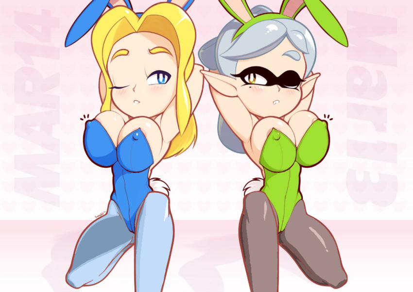 2_girls alternate_breast_size alternate_costume blush bunny_ears bunnysuit crossover leotard maria_robotnik marie_(splatoon) nintendo pantyhose sega sonic_the_hedgehog_(series) splatoon supersegasonicss tagme wink