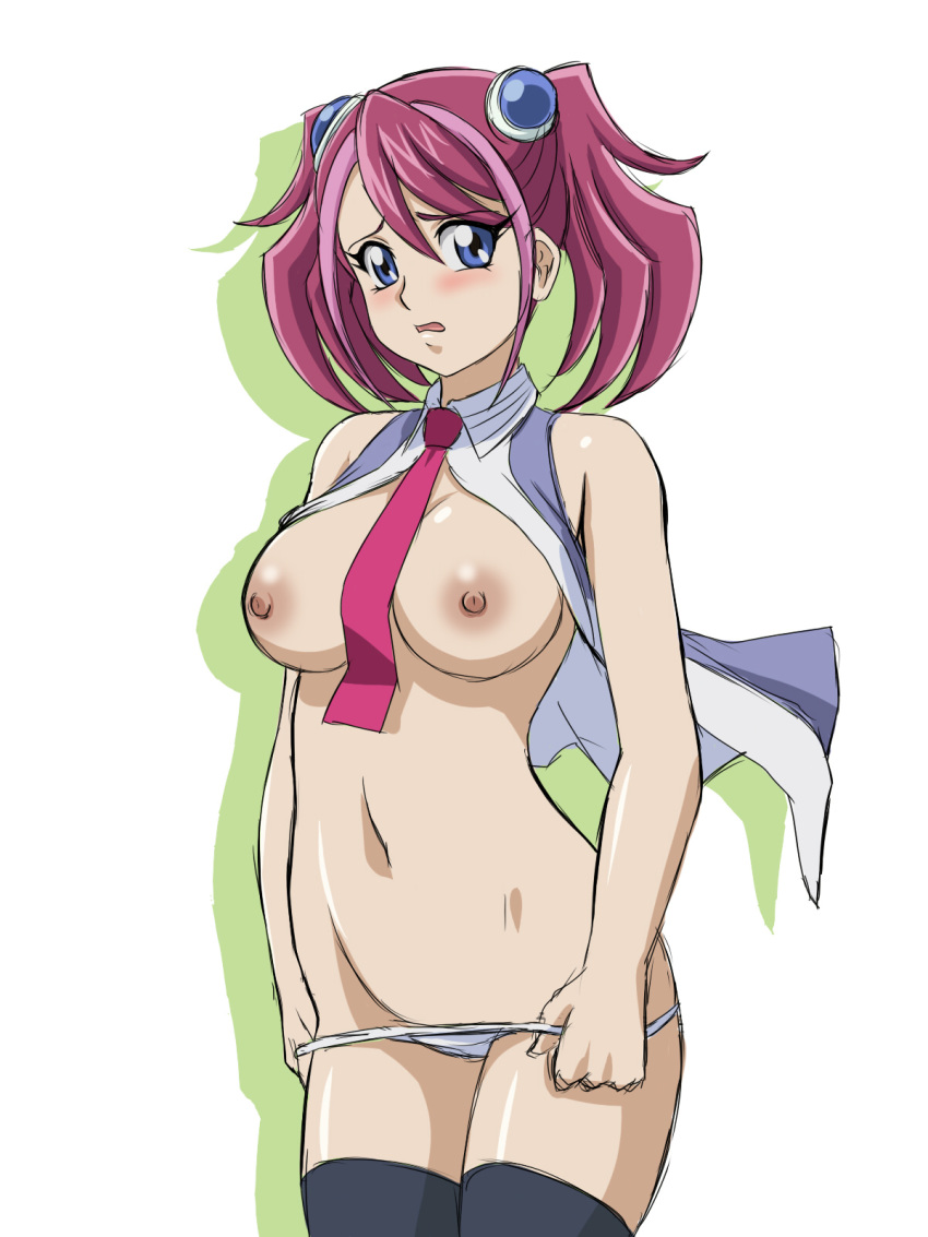 1girl blush breasts half_naked hiiragi_yuzu konami legwear medium_breasts nipples no_bra pulling_panties_down sexy sexy_body sexy_breasts sexy_legs sexy_pose thick_thighs thighhighs thighs white_background yu-gi-oh! yu-gi-oh!_arc-v yugioh_5d's yuzu_hiiragi zuzu_boyle