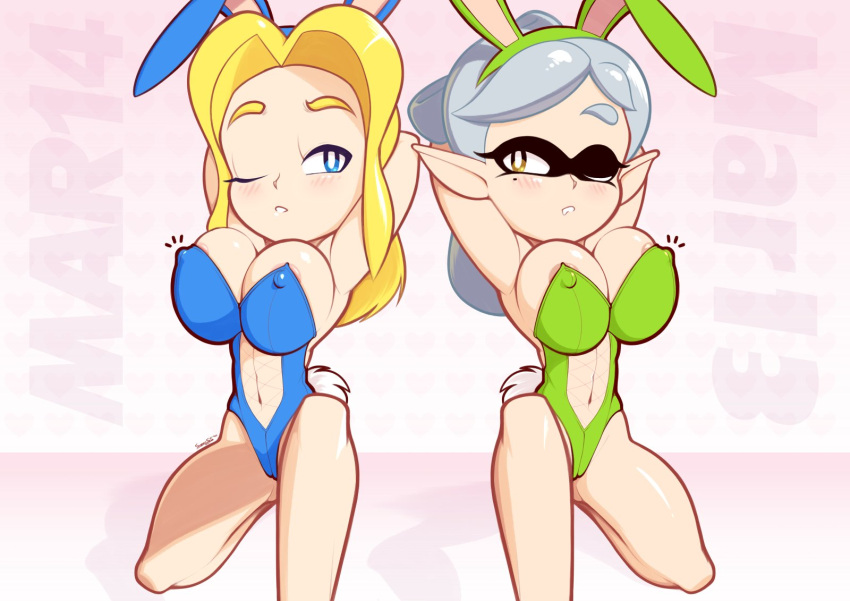 2_girls alternate_breast_size alternate_costume blush bunny_ears bunnysuit crossover maria_robotnik marie_(splatoon) nintendo nipple_outline sega sonic_the_hedgehog_(series) splatoon supersegasonicss wink