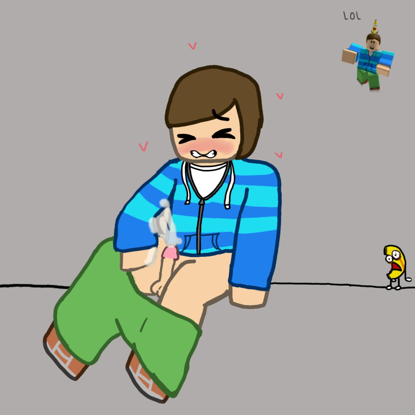 1boy banana blue_hoodie blush brown_hair cum cumming dancing_banana dogon dogon_mcbanana game_dev game_developer green_pants heart-shaped_pupils male male_only masturbation orange_sneakers roblox robloxian striped_hoodie