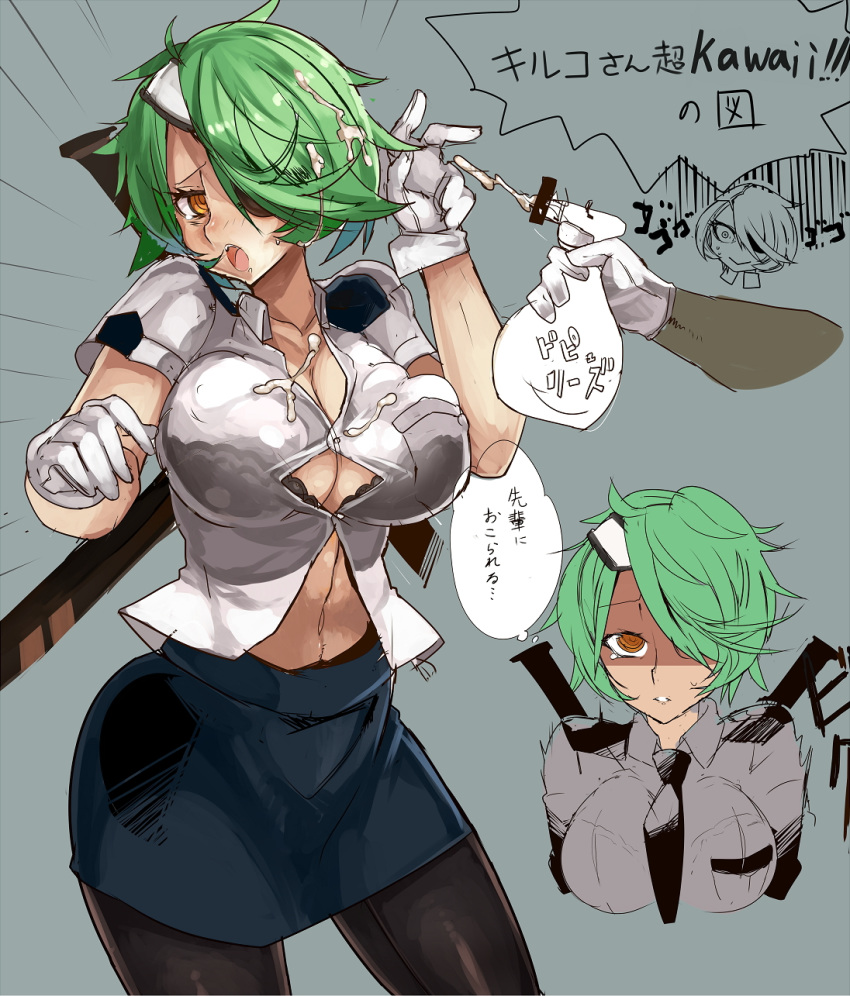 1girl big_breasts black_legwear blush breasts bursting_breasts eyepatch gloves green_hair hair_over_one_eye high_res highres himuro himuro_(dobu_no_hotori) huge_breasts large_breasts looking_at_viewer necktie open_mouth otonashi_kiruko pantyhose pencil_skirt police ringed_eyes shinmai_fukei_kiruko-san short_hair skirt solo spraying suggestive_fluid translation_request uniform yellow_eyes