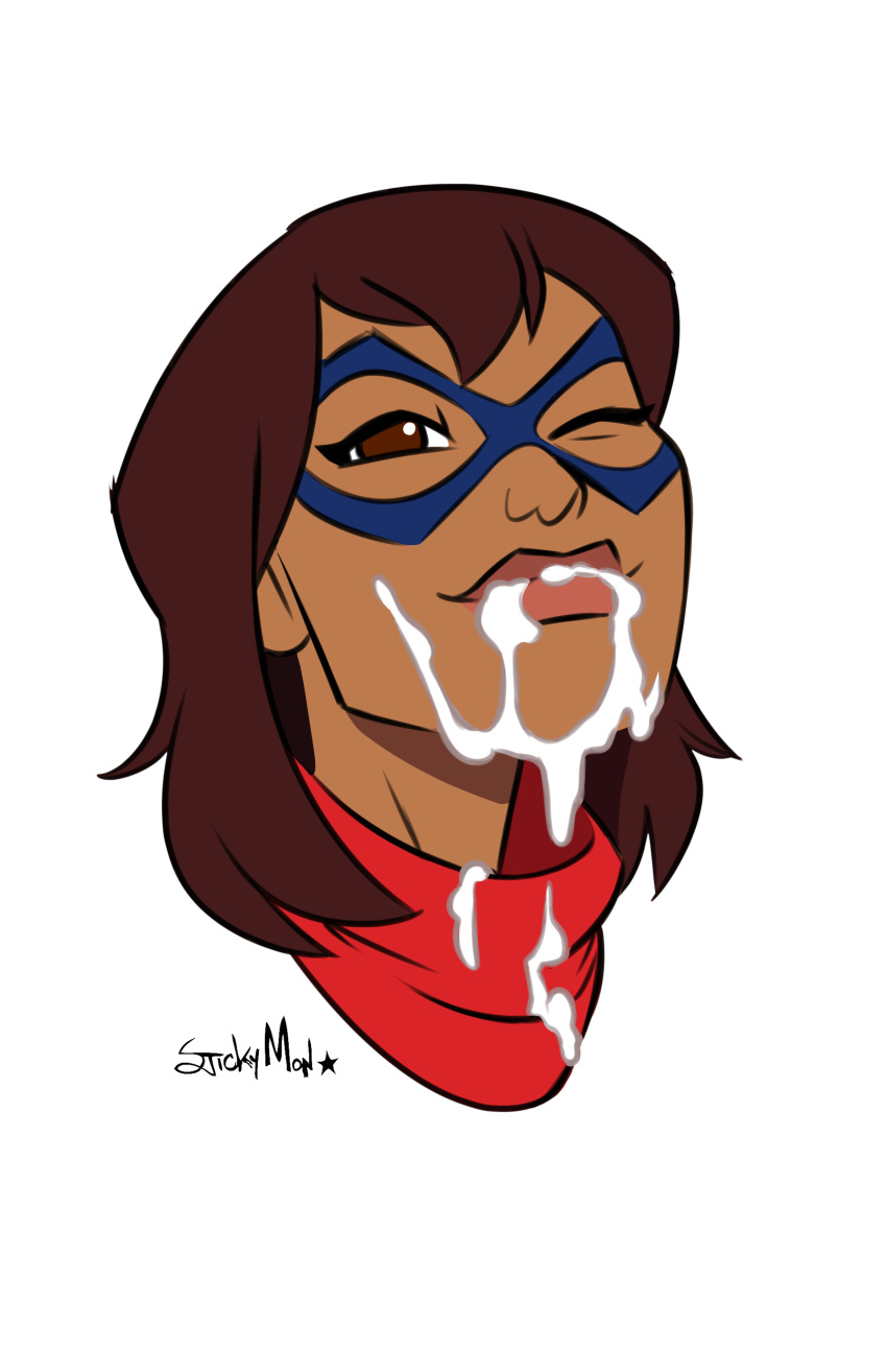 brown_eyes brown_hair brown_skin cum cum_drip cum_on_face dark-skinned_female kamala_khan marvel marvel_comics ms._marvel older older_female pakistani_female red_scarf scarf stickymon young_adult young_adult_female young_adult_woman