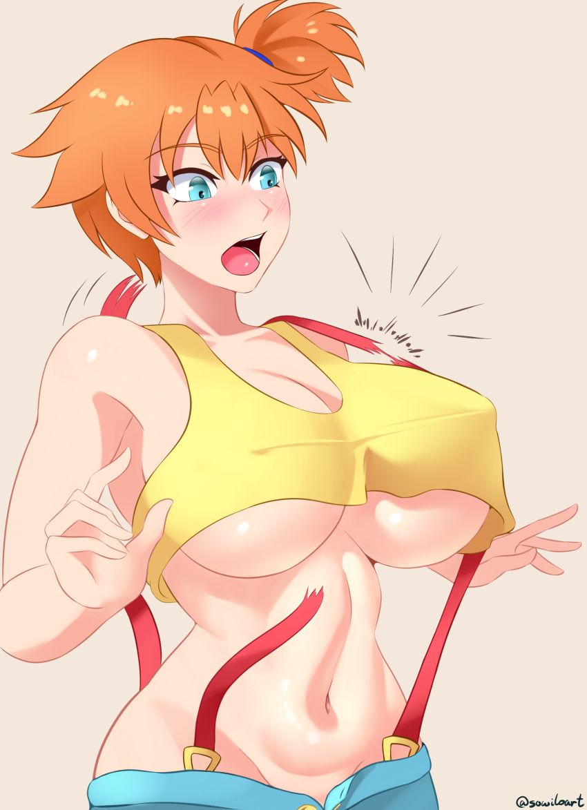 1girl 1girl absurd_res alluring alternate_breast_size bare_shoulders big_breasts big_breasts blue_eyes blush breasts covered_erect_nipples creatures_(company) game_freak high_res midriff misty misty_(pokemon) navel nintendo open_mouth orange_hair pokemon pokemon_(anime) short_hair sowilo stomach suspenders under_boob wardrobe_malfunction