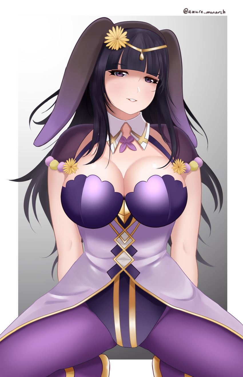 1girl 1girl 1girl alluring alternate_costume azure_monarch bangs big_breasts breasts bunny_ears bunny_girl bunnysuit clothed clothing easter fire_emblem fire_emblem_awakening fire_emblem_heroes milf official_alternate_costume squatting tharja tharja_(fire_emblem) tharja_(spring)_(fire_emblem)