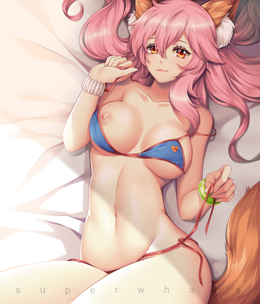 animal_ears bikini breasts fate/grand_order fate_(series) high_resolution nipples swimsuit tail tamamo_no_mae tamamo_no_mae_(fate) tamamo_no_mae_(swimsuit_lancer) tsuki_no_same undressing wardrobe_malfunction