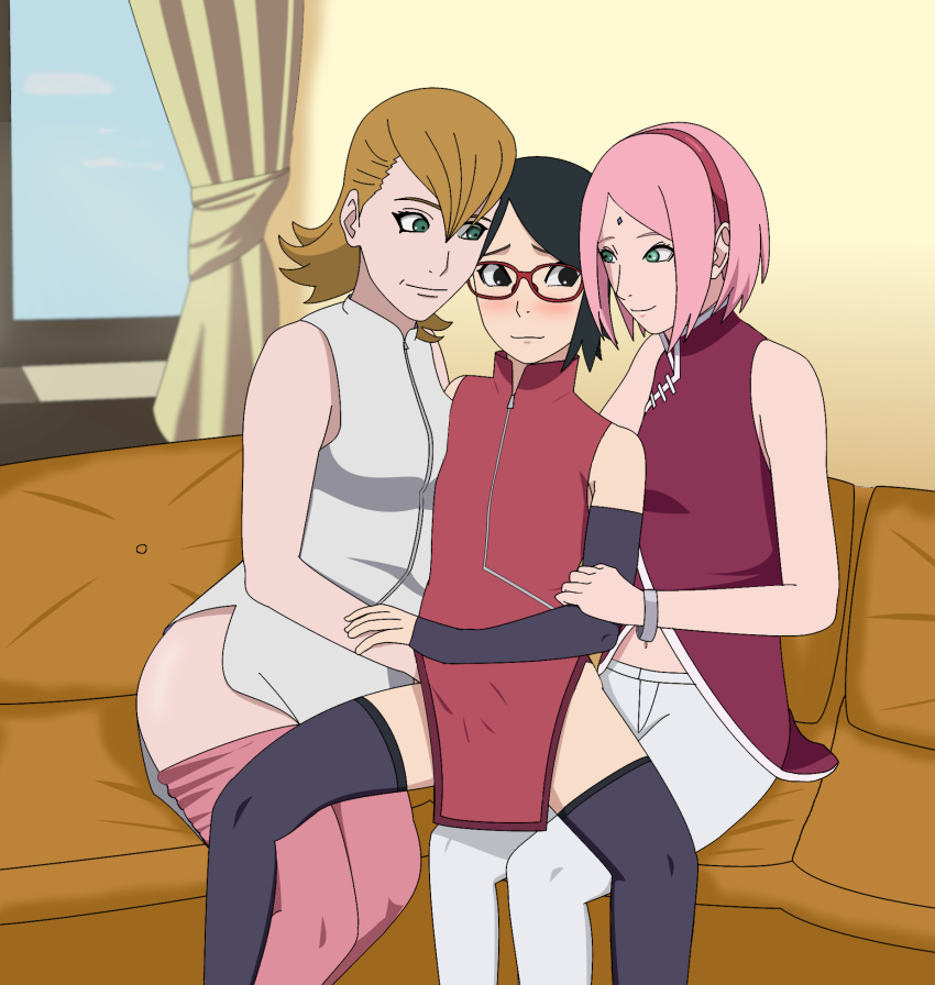 3_girls black_eyes black_hair boruto:_naruto_next_generations brown_hair glasses grandmother_and_granddaughter green_eyes incest mebuki_haruno mother_&_daughter optimystic11 pink_hair sakura_haruno sarada_uchiha you_gonna_get_raped yuri