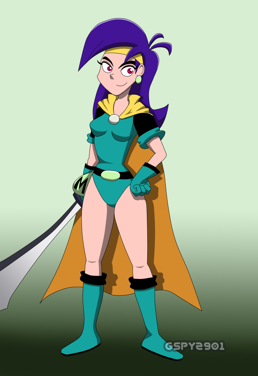 1girl boots cap cartoon_network gloves gspy2901 mighty_magiswords purple_hair vambre vambre_warrior weapon western_cartoon