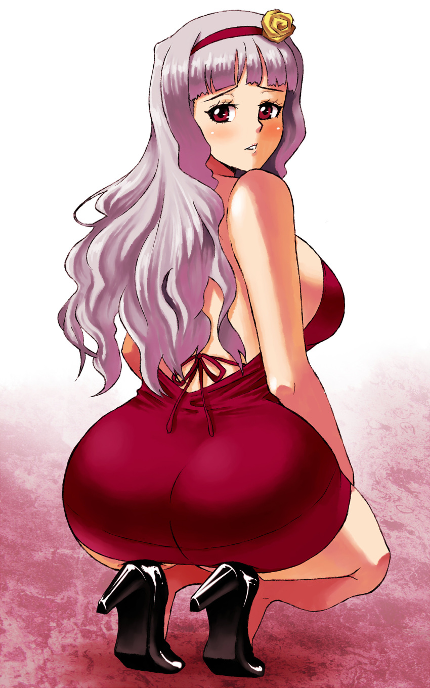 1girl absurd_res absurdres alluring amanooni_touri ass dress grey_hair high_heels high_res highres huge_ass idolmaster red_eyes shijou_takane shoes squatting voluptuous yokkora