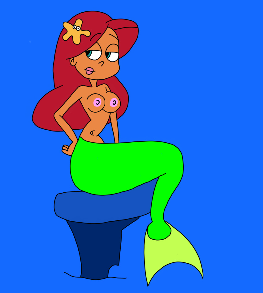 2024 blue_background blue_eyes breasts closed_mouth dark_red_hair edit eyebrows grin lipstick looking_at_viewer marina mermaid mermaid_tail navel nipples no_bra ocean open_eyes pink_nipples rock sea sexy_breasts sitting smile smiling_at_viewer starfish_hair_ornament water xilam zig_and_sharko