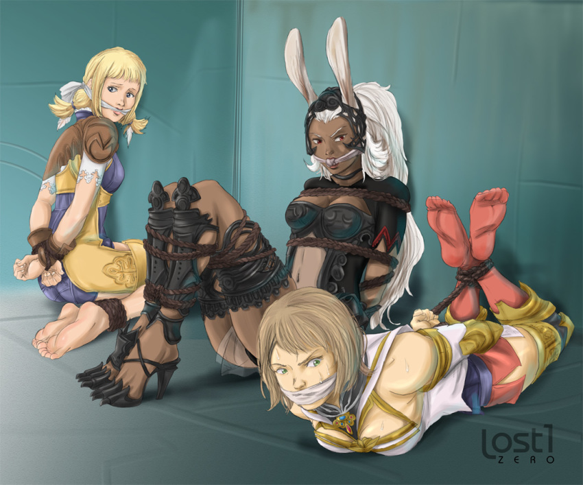 3_girls ashelia_b'nargin_dalmasca bondage cleave_gag female_only final_fantasy final_fantasy_xii fran fran_(ffxii) gag hogtie lost_one_zero lostonezero penelo rope