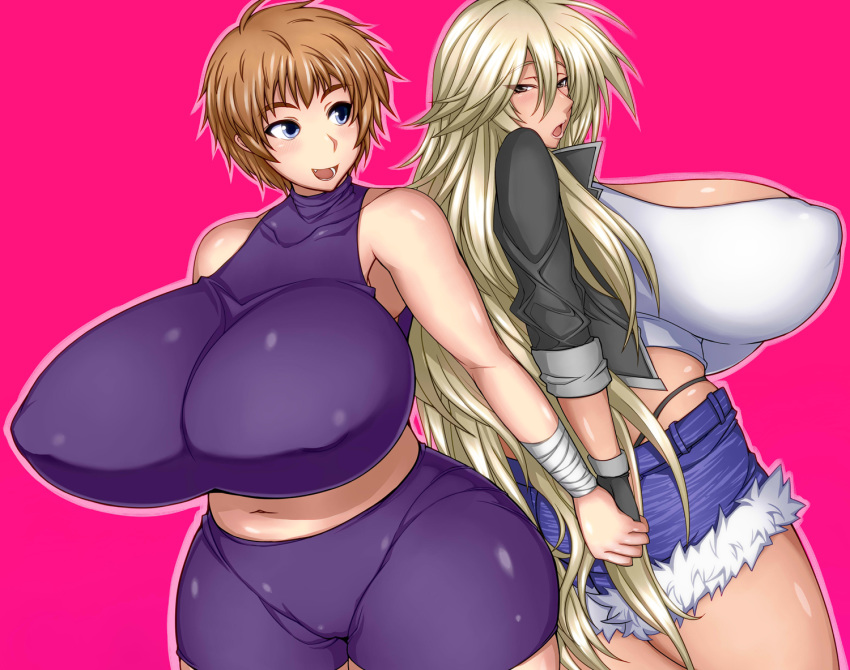 2girls blonde_hair blue_eyes blush breasts brown_hair curvy gigantic_breasts hair hatomame kurokagami_ryuuko long_hair multiple_girls open_mouth otogi_tetsurou short_hair smile