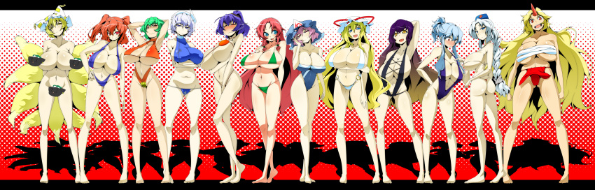 6+girls absurd_res absurdres armpits arms_up barefoot bikini blonde_hair blush breasts budget_sarashi censored character_censor chen chen_(cat) cleavage everyone female fundoshi green_hair hat high_res highres hijiri_byakuren hong_meiling horn hoshiguma_yuugi huge_breasts kamishirasawa_keine kazami_yuuka letty_whiterock lineup long_hair long_image micro_bikini midriff multiple_girls multiple_tails novelty_censor nude onozuka_komachi open_mouth ponytail red_hair saigyouji_yuyuko sarashi short_hair sling_bikini smile swimsuit tail toudori touhou white_hair wide_image yagokoro_eirin yakumo_ran yakumo_yukari yasaka_kanako youkai