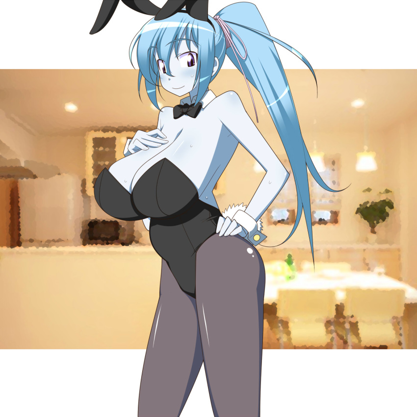 1girl aoi_(gegege_no_kitarou) blue_eyes blue_hair blue_skin breasts bunnysuit gegege_no_kitarou huge_breasts long_hair makarou solo very_long_hair yuki_onna