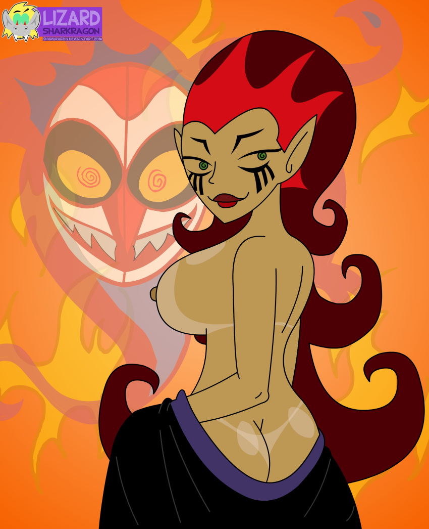 ass ass_crack breasts evil green_eyes lipstick nipple nipples red_hair red_lipstick sharkragon_(artist) sideboob smile tan tan_line undressing wuya xiaolin_showdown