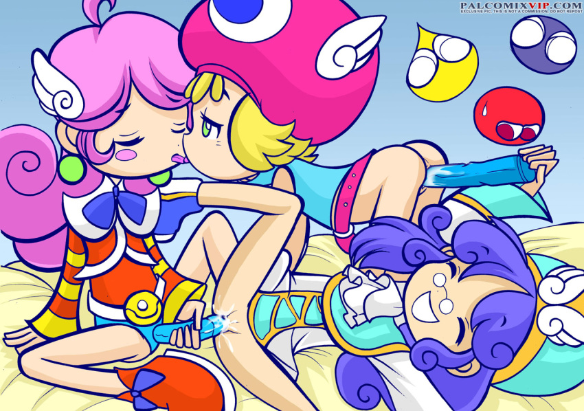 3girls accord amitie anal_insertion ass blonde_hair blue_hair closed_eyes dildo female palcomix puyo_puyo raffine smile strap-on yuri