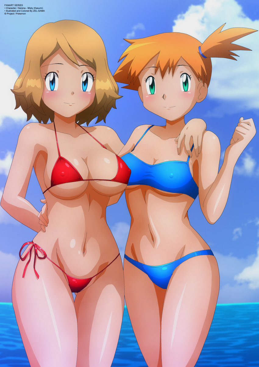 alluring arm_on_shoulder background beach blonde_hair blue_bikini blue_eyes blush cleavage hand_behind_back hand_on_waist holding_each_other human kasumi_(pokemon) looking_at_viewer misty misty_(pokemon) nintendo nipples_visible_through_clothing orange_hair pokemon pokemon_(anime) pokemon_xy red_bikini serena serena_(pokemon) short_hair side_ponytail slim_waist string_bikini thighs zel-sama