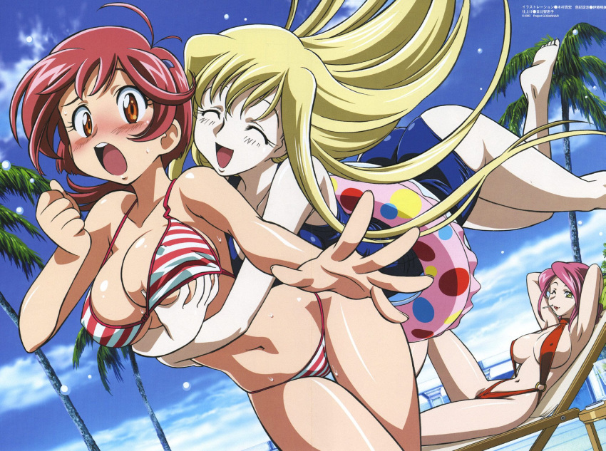 3girls antenna_hair aoi_anna aoi_kiriko armpits arms_behind_head barefoot beach big_breasts bikini blonde_hair blush breast_grab breasts chair cleavage closed_eyes cloud feet godannar grabbing groping hair hair_ornament hairclip happy highres hug hug_from_behind huge_breasts hugging innertube jumping kimura_takahiro large_breasts leg_lift leg_up lipstick long_hair lounge_chair lying makeup megami mira_ackerman mouth_hold multiple_girls official_art on_back one-piece_swimsuit one_eye_closed open_mouth orange_eyes pale_skin palm_tree red_hair scan shinkon_gattai_godannar!! short_hair sky sling_bikini smile striped striped_bikini striped_swimsuit surprised surprised_arms swimsuit tree underboob wet wink yellow_eyes