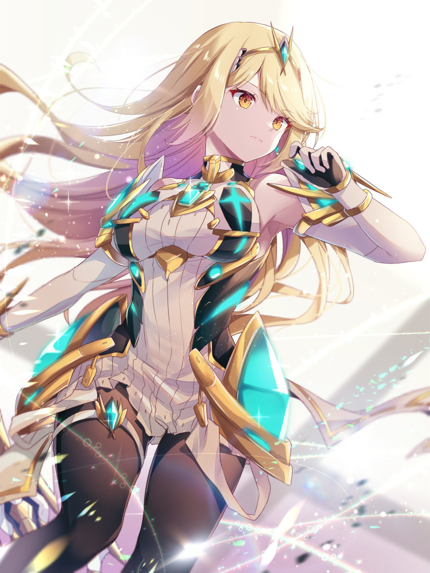 1girl alluring big_breasts black_pantyhose blonde_hair chest_jewel commentary_request core_crystal_(xenoblade) cowboy_shot high_res long_hair mythra pantyhose tiara ui_frara white_background xenoblade_(series) xenoblade_chronicles_2 yellow_eyes