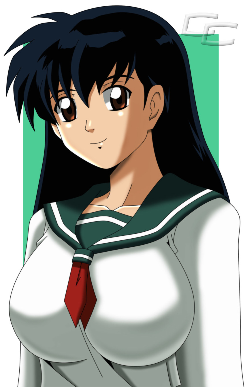 big_breasts black_hair breasts brown_eyes crosscutter inuyasha kagome_higurashi