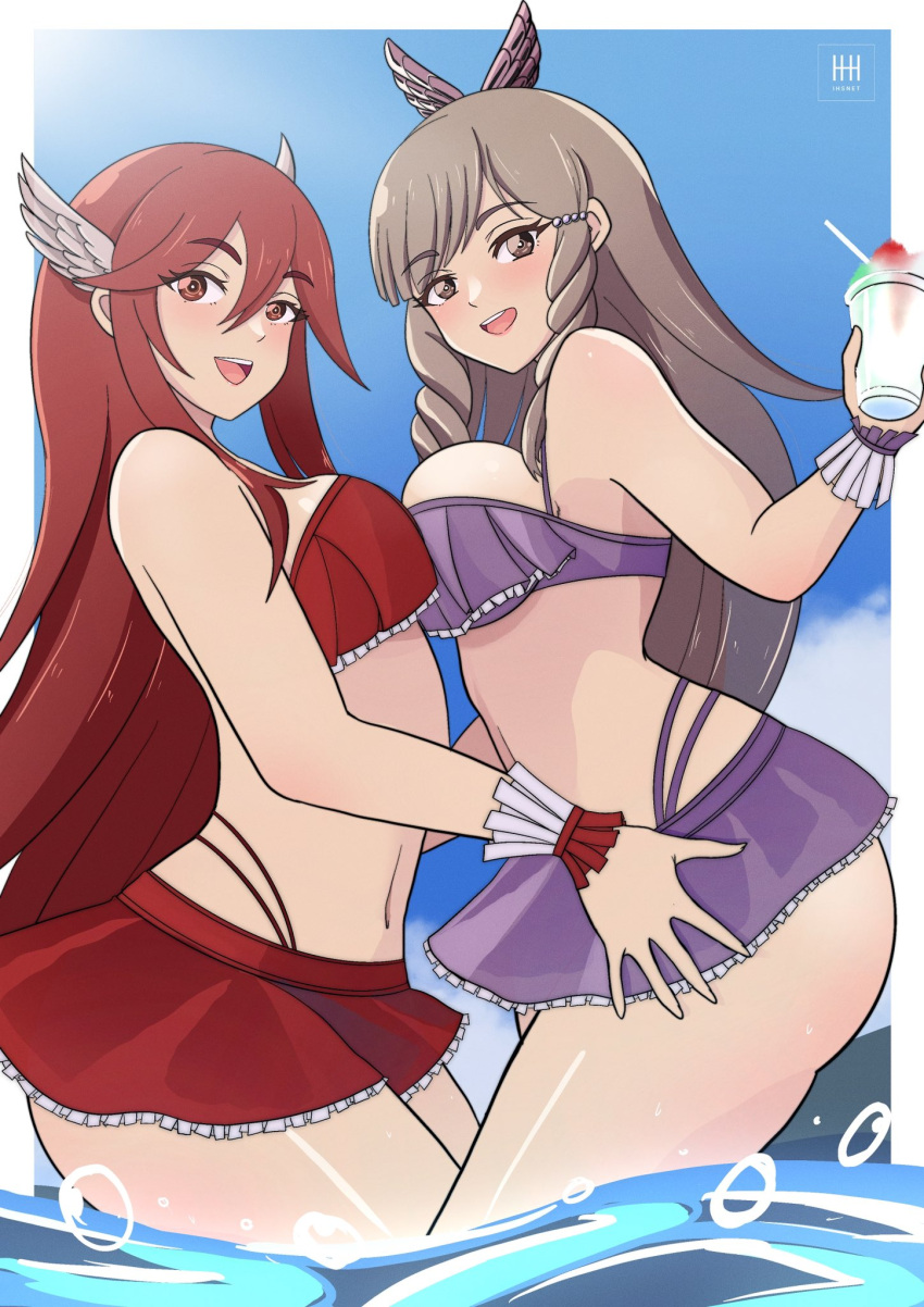 2_girls :d alluring alternate_costume asymmetrical_docking bangs bare_arms bare_midriff bare_thighs big_breasts bikini bikini_skirt breast_press brown_eyes brown_hair cordelia_(fire_emblem) cordelia_(fire_emblem)_(cosplay) cordelia_(summer)_(fire_emblem) cosplay female_only fire_emblem fire_emblem_awakening fire_emblem_heroes food frills hair_between_eyes hair_ornament ice_cream ihsnet long_hair looking_at_viewer medium_breasts midriff multiple_girls navel nintendo ocean official_alternate_costume open_mouth outside partially_submerged purple_bikini purple_swimsuit red_bikini red_eyes red_hair red_swimsuit smile sumia_(fire_emblem) swimsuit thighs very_long_hair