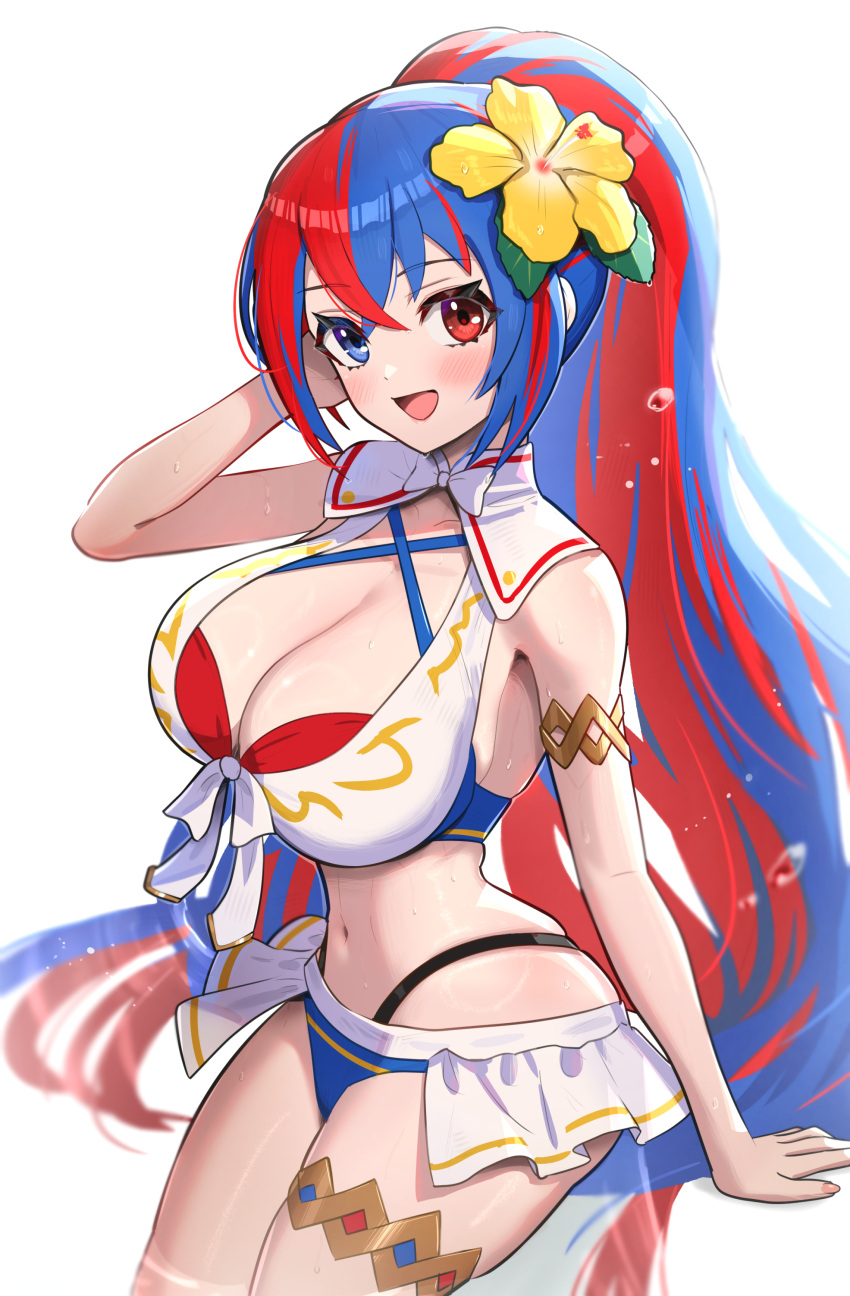 1girl 1girl absurd_res alear_(female)_(fire_emblem) alear_(female)_(seaside_dragon)_(fire_emblem) alear_(fire_emblem) alluring bangle big_breasts bikini blue_bikini bracelet cleavage crossed_bangs fire_emblem fire_emblem_engage fire_emblem_heroes gonzarez heterochromia high_res jewelry multicolored_bikini multicolored_clothes multicolored_hair official_alternate_costume official_alternate_hairstyle ponytail red_bikini red_hair smile split-color_hair swimsuit two-tone_hair white_bikini