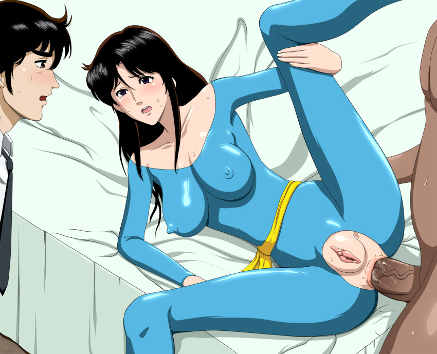 1girl 80s ahegao anal anal_penetration bed big_breasts black_eyes black_hair blue_eyes blush breasts brown_hair cat's_eye circle_anco clitoris clothed_female_nude_male crotchless cum cum_inside ejaculation erect_nipples hair highres hitomi_kisugi kisugi_hitomi legs_up leotard long_hair lying necktie nipples no_bra no_panties oldschool on_side open_mouth penis puffy_nipples pussy saliva sex short_hair skin_tight smile socks solo_focus spread_legs sweat torn_clothes uncensored utsumi_toshio