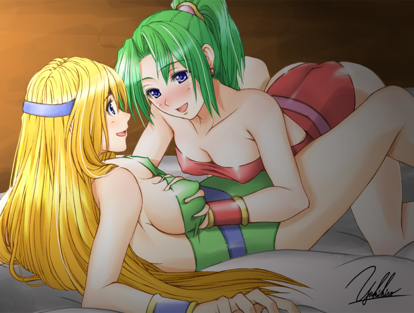 2girls :d all_fours arm_support bangs bare_shoulders bed belt between_legs blonde_hair blue_eyes blush bracer breast_grab breasts celes_chere cleavage deep_skin earrings erect_nipples final_fantasy final_fantasy_vi from_side girl_on_top grabbing green_hair happy headband high_ponytail imminent_sex indoors jewelry large_breasts leotard long_hair lying multiple_girls naughty_face no_legwear nose_blush on_back on_bed open_mouth ponytail profile sideboob signature smile spread_legs strapless strapless_leotard taut_clothes terra_branford tina_branford very_long_hair yukihiro yuri