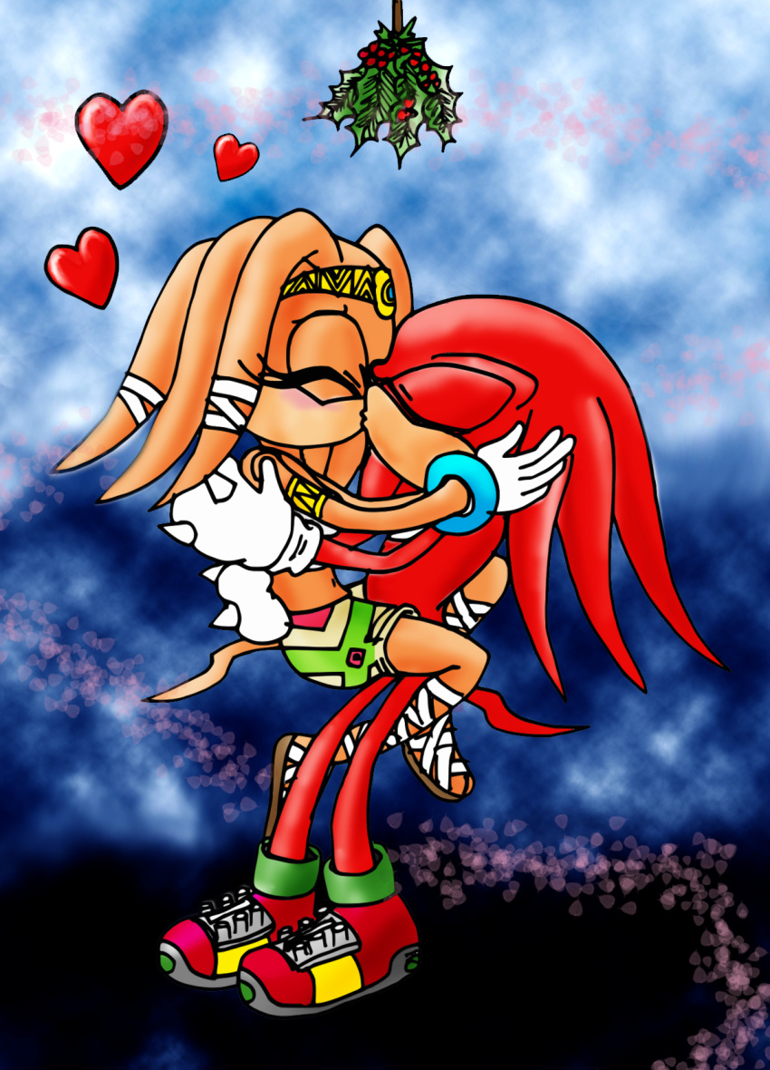 kissing knuckles_the_echidna mistletoe raianonzika_(artist) sonic_(series) tikal_the_echidna zerbukii_(artist)