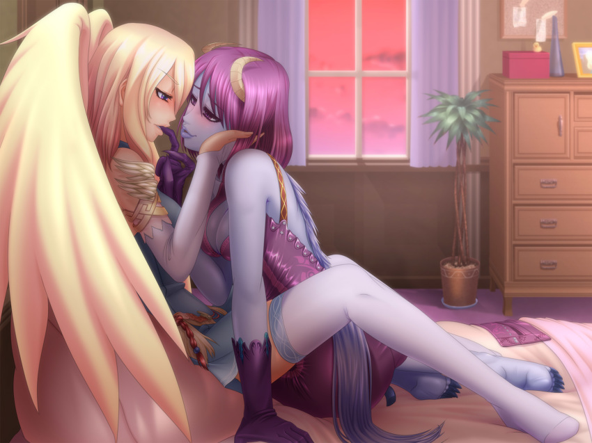 2_girls aion angel angel_and_devil asmodian blonde_hair blue_eyes blue_skin bridal_gauntlets demon_girl devil_and_angel elyos female_only gloves highres horns multiple_girls purple_eyes purple_hair sitting succubus violet_eyes wings yuri