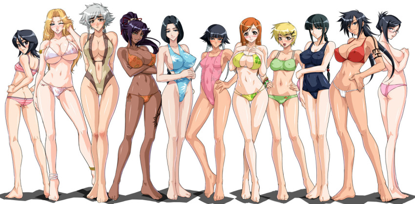 adjusting_hair anklet ass barefoot big_breasts bikini black_hair bleach blonde_hair blush braid breast_suppress breasts butt_crack cleavage crossed_arms dark_skin erect_nipples everyone feet flat_chest glasses hair_ornament hairclip hand_on_hip hands_on_hips inoue_orihime ise_nanao jewelry kagami kagami_(artist) kotetsu_isane kotetsu_kiyone kuchiki_rukia kurotsuchi_nemu large_breasts lineup long_hair looking_at_viewer looking_back lowleg lowleg_bikini matsumoto_rangiku mole multiple_girls non-nude one-piece_swimsuit orange_hair ponytail purple_hair red_hair shadow shiba_kuukaku shihouin_yoruichi side-tie_bikini silver_hair small_breasts standing striped striped_bikini striped_swimsuit sui-feng swimsuit tattoo topless twin_braids twin_tails underboob unohana_retsu white_hair wide_hips wink yellow_eyes