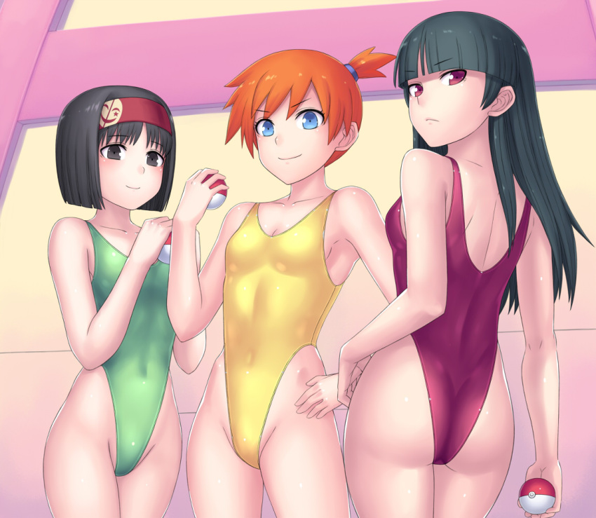 3_girls alluring black_hair breasts creatures_(company) erika erika_(pokemon) game_freak green_leotard gym_leader hai_(h81908190) highleg highleg_leotard leotard medium_breasts misty misty_(pokemon) multiple_girls nintendo orange_hair poke_ball pokemon pokemon_lgpe purple_leotard sabrina sabrina_(pokemon) small_breasts yellow_leotard