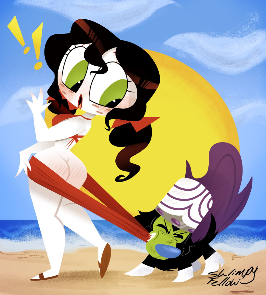 1girl ass beach bikini bikini_pull black_hair blush blushing blushing_ass bow butt_crack coppertone dog embarrassed embarrassed_nude_female enf exposed_ass freckles green_eyes long_hair looking_back looking_down male powerpuff_girls red_butt twin_tails two_piece_swimsuit