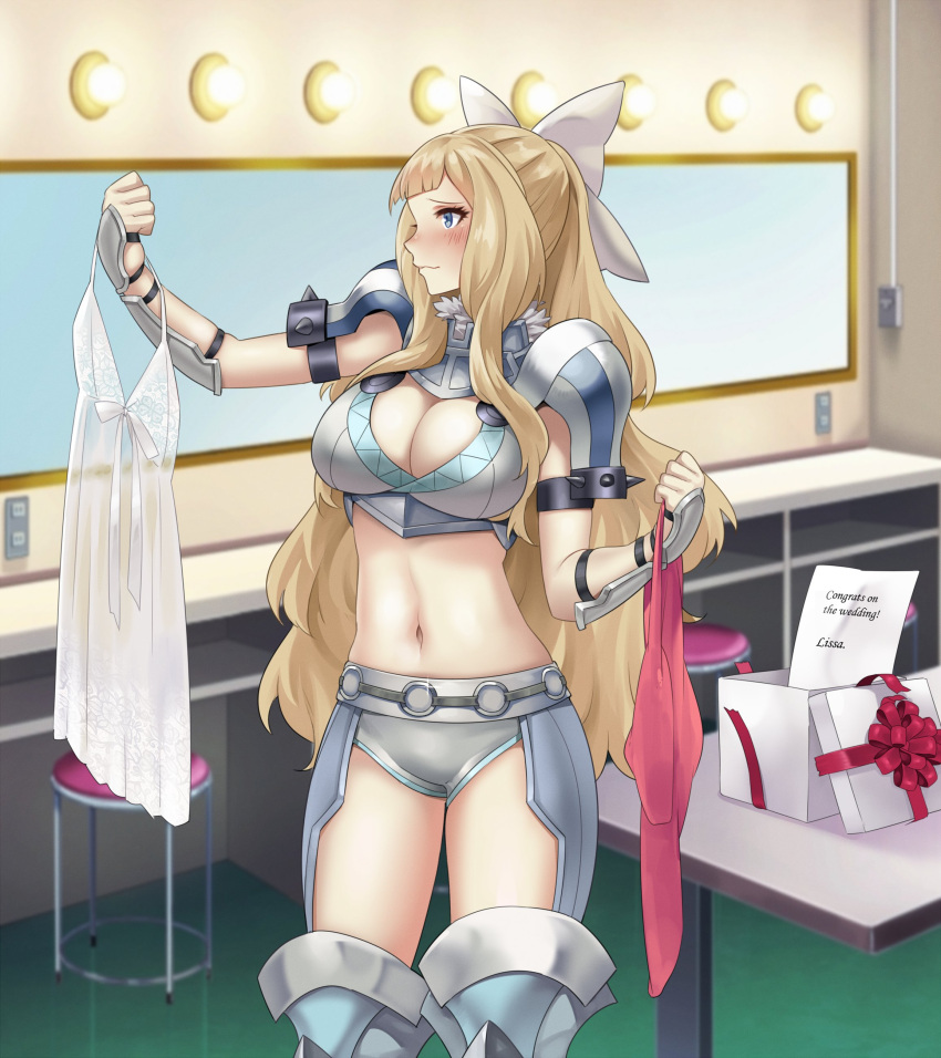 1girl 1girl 1girl absurd_res alluring armor bare_thighs big_breasts bikini_armor blonde_hair blue_eyes bow box charlotte_(fire_emblem) cleavage clothes_hanger commission dress dressing_room female_only fire_emblem fire_emblem_fates gift gift_box grey_panties hairbow high_res igni_tion inner_thighs intelligent_systems nintendo panties pauldrons redkite redkite333 shoulder_armor thighs underwear wavy_hair white_bow