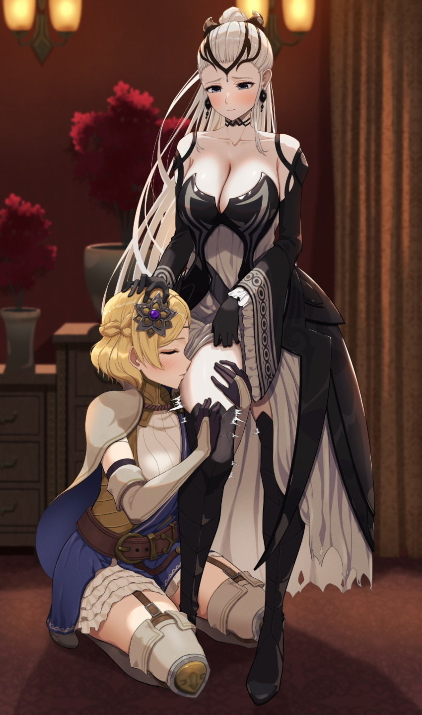 2_girls alluring azuki_(azuki_azukki) belt big_breasts black_choker black_dress black_footwear black_gloves black_tiara blonde_hair blue_eyes blush boots braid cape carpet choker circlet cleavage closed_eyes clothes_lift commission commissioner_upload curtains drawer dress earrings eir_(fire_emblem) fire_emblem fire_emblem_heroes fire_emblem_warriors flower flower_hairpin frilled_skirt frilled_sleeves frills gloves gold_circlet gold_tiara hair_flower hair_ornament hairpin high_res holding_another's_hair holding_another's_leg intelligent_systems jewelry kissing kneel lamp lianna_(fire_emblem) long_hair long_sleeves multiple_girls nintendo ponytail short_hair sidelocks skirt skirt_lift sunflower sunflower_hair_ornament thigh_high_boots thigh_strap tiara tree trembling vase wall_lamp white_dress white_hair yuri