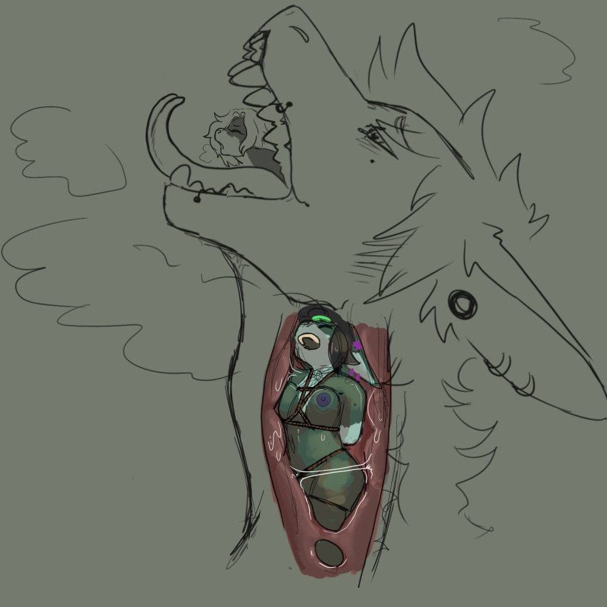 bdsm bondage bound dominant_male female_prey forced helpless honeypineneddl1 in_mouth in_throat internal_view male_pred oral_vore powerless shibari struggling vore woe