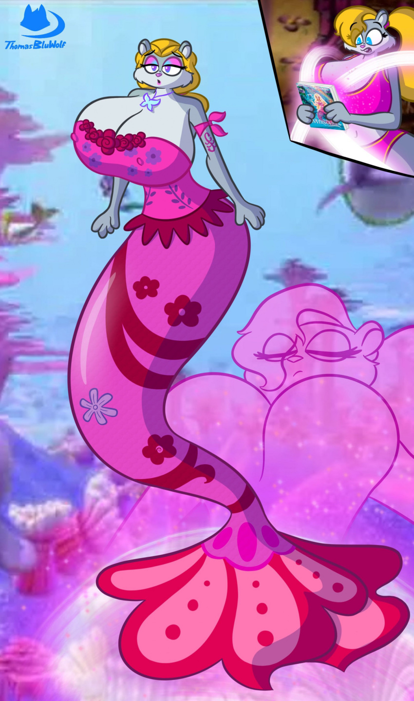 1girl barbie_(franchise) barbie_fairytopia beautiful berri big_breasts breasts chipmunk conker's_bad_fur_day cosplay crossover crossover_cosplay elina_(barbie_fairytopia) female hot huge_breasts magic mattel mermaid microsoft ocean rareware sexy solo thicc thomasbluewolf transformation undersea underwater