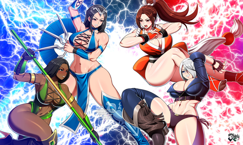 4girls alluring angel_(kof) artist_logo belt big_breasts black_hair brown_eyes brown_hair chaps cleavage crossover dark-skinned_female dark_skin fatal_fury female_focus green_eyes hair_over_one_eye high_res holding holding_staff holding_weapon jade_(mortal_kombat) jadenkaiba kitana logo long_hair mai_shiranui matching_hair/eyes midriff midway_games mortal_kombat multiple_girls navel open_mouth ponytail short_hair smile snk staff the_king_of_fighters weapon white_hair