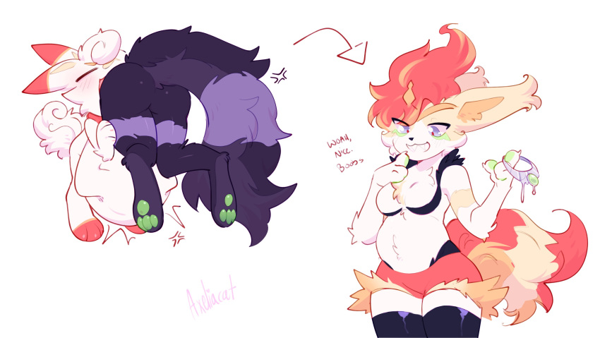 axeliacat breasts cinderace female_prey furry furry_vore hush hush_(character) hush_(hushyum) hush_(purple_prey) larger_prey male_pred oral_vore paws scorbunny smaller_pred trait_theft vore