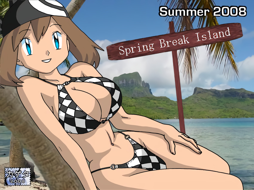 1_girl 1girl 2008 alluring bandanna beach bikini checkered_bikini female female_human female_only haruka_(pokemon) hot human kageta may may_(pokemon) pokemon pokemon_(anime) sexy solo