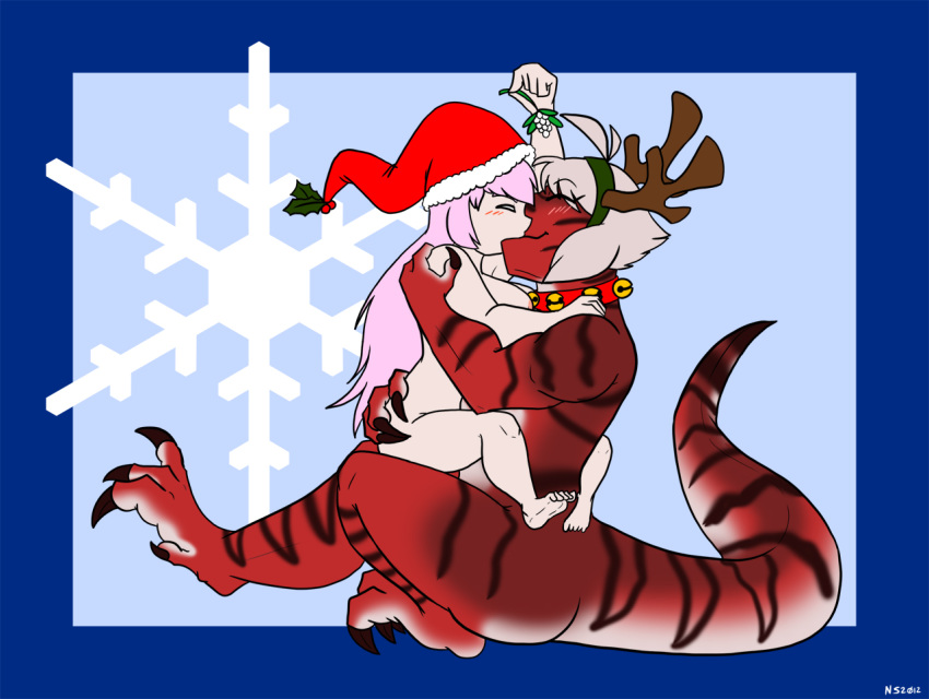 2012 alayta anthro blush breasts christmas closed_eyes dinosaur dwarf female/female female_only hat kissing long_hair mistletoe muscle nude pink_hair reindeer_antlers reptile santa_hat scalie short_hair t-rex thrymr tyrannosaurus yuri