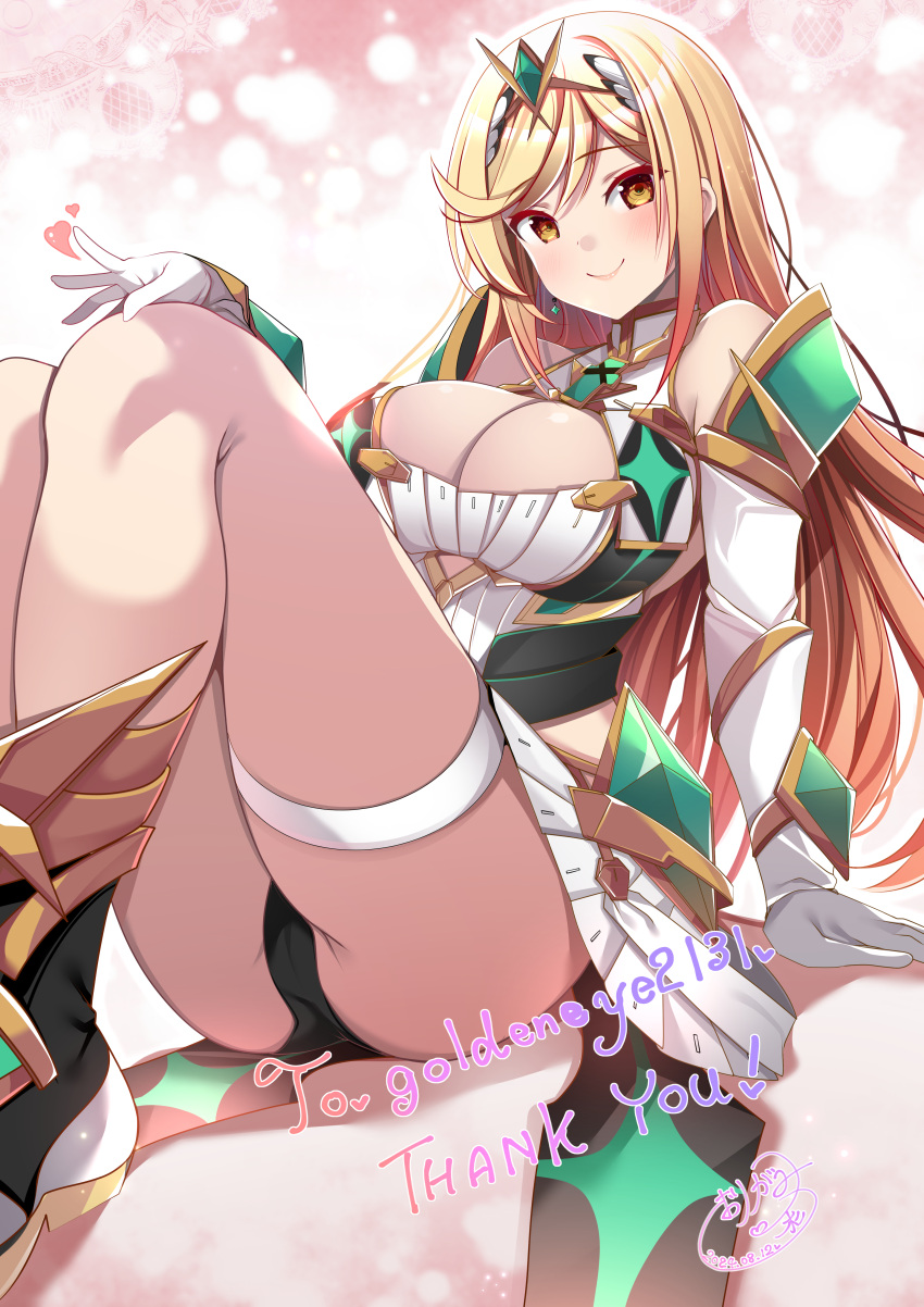 1girl absurd_res arm_support bare_legs bare_shoulders big_breasts black_panties blonde_hair boots chest_jewel cleavage closed_mouth detached_sleeves dress earrings elbow_gloves gloves headpiece high_res jewelry knees_up legs long_hair looking_at_viewer microdress mythra origami_aya panties pantyshot smile swept_bangs thighs tiara underwear very_long_hair white_dress xenoblade_(series) xenoblade_chronicles_2 yellow_eyes