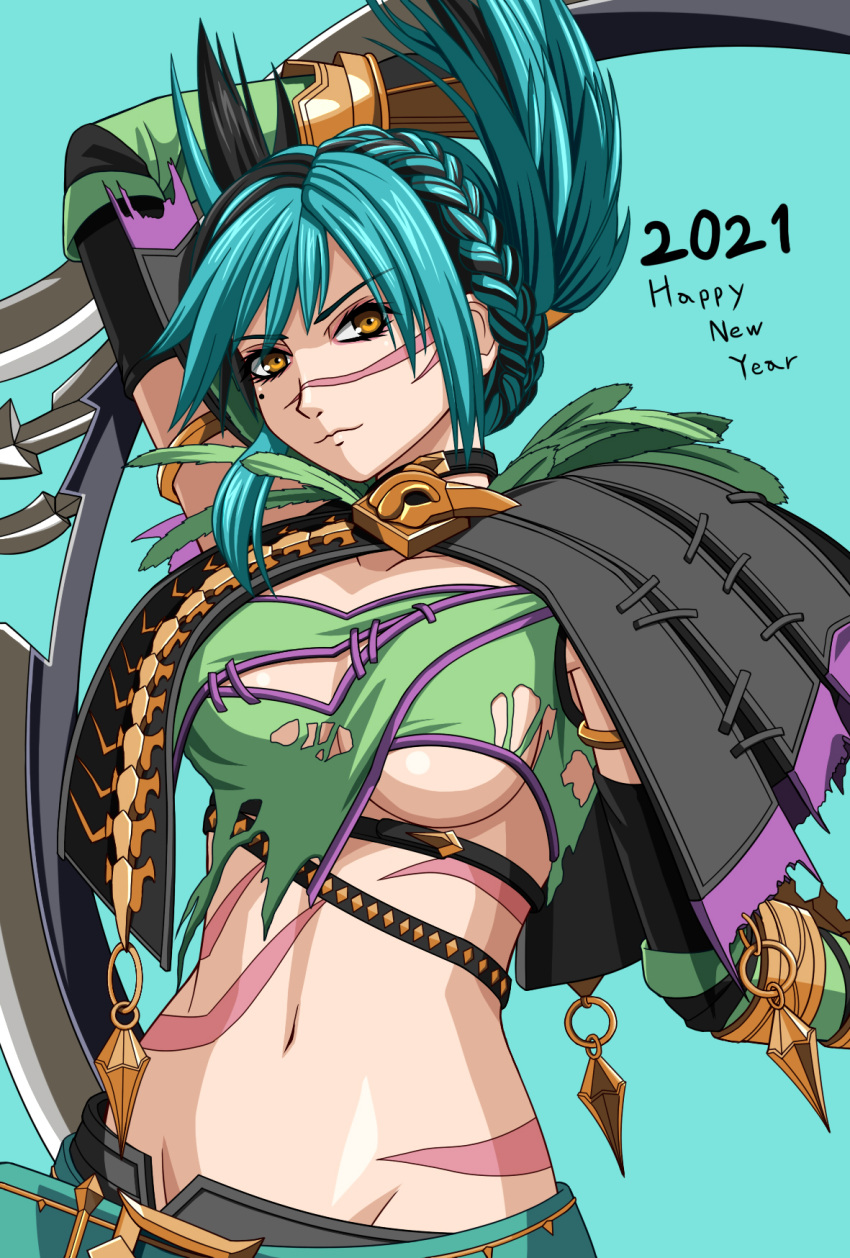 1girl alluring big_breasts groin high_res looking_at_viewer midriff navel nekogoya open_fly project_soul scar smile soul_calibur soul_calibur_iii soul_calibur_vi sword tira tira_(soulcalibur) weapon